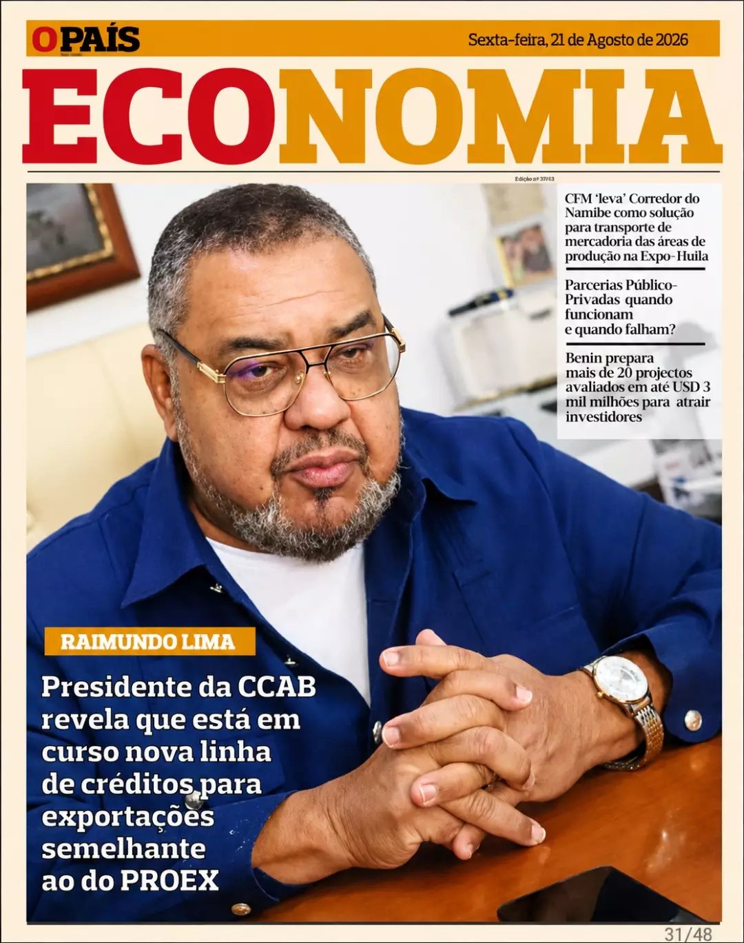 Capa do caderno Economia do jornal O País com retrato de Raimundo Lima sentado a uma mesa, de camisa azul, mãos entrelaçadas
